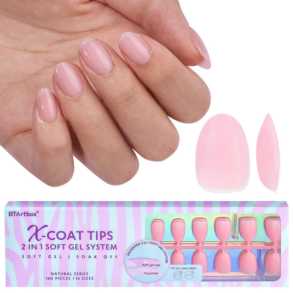 BTArtbox Extra Short Almond Nail Tips - XCOATTIPS Pink Press on Nails, Upgraded Full Matte Soft Gel Nail Tips Pre-applied Tip Primer for Women
