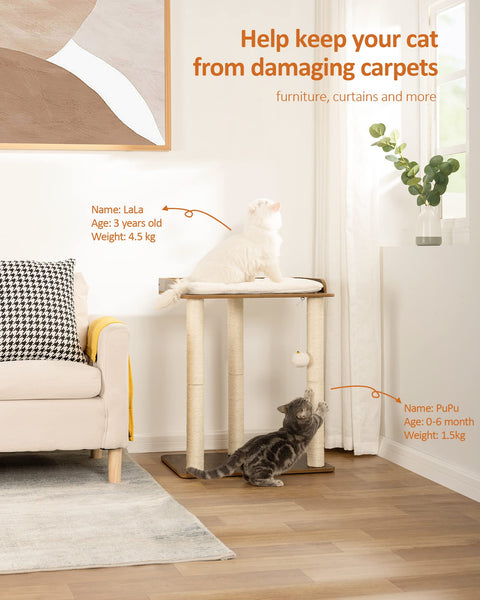FourFurPets Cat Scratching Post 68 cm High with Three 60 cm Full Sisal Scratching Posts 56 x 40 cm Platforms Vintage Brown