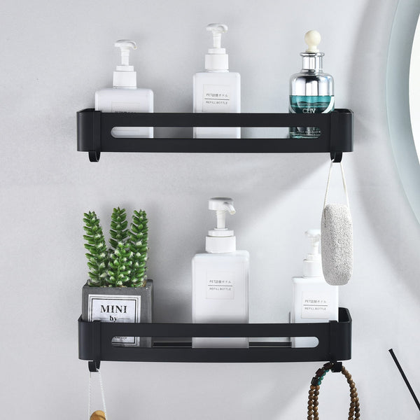 maifey Black Shower Caddy, Bathroom Storage Shelves Wall Mounted, No Drilling Metal Shower Organiser Shelf with Hooks, Shampoo Holder for Shower,