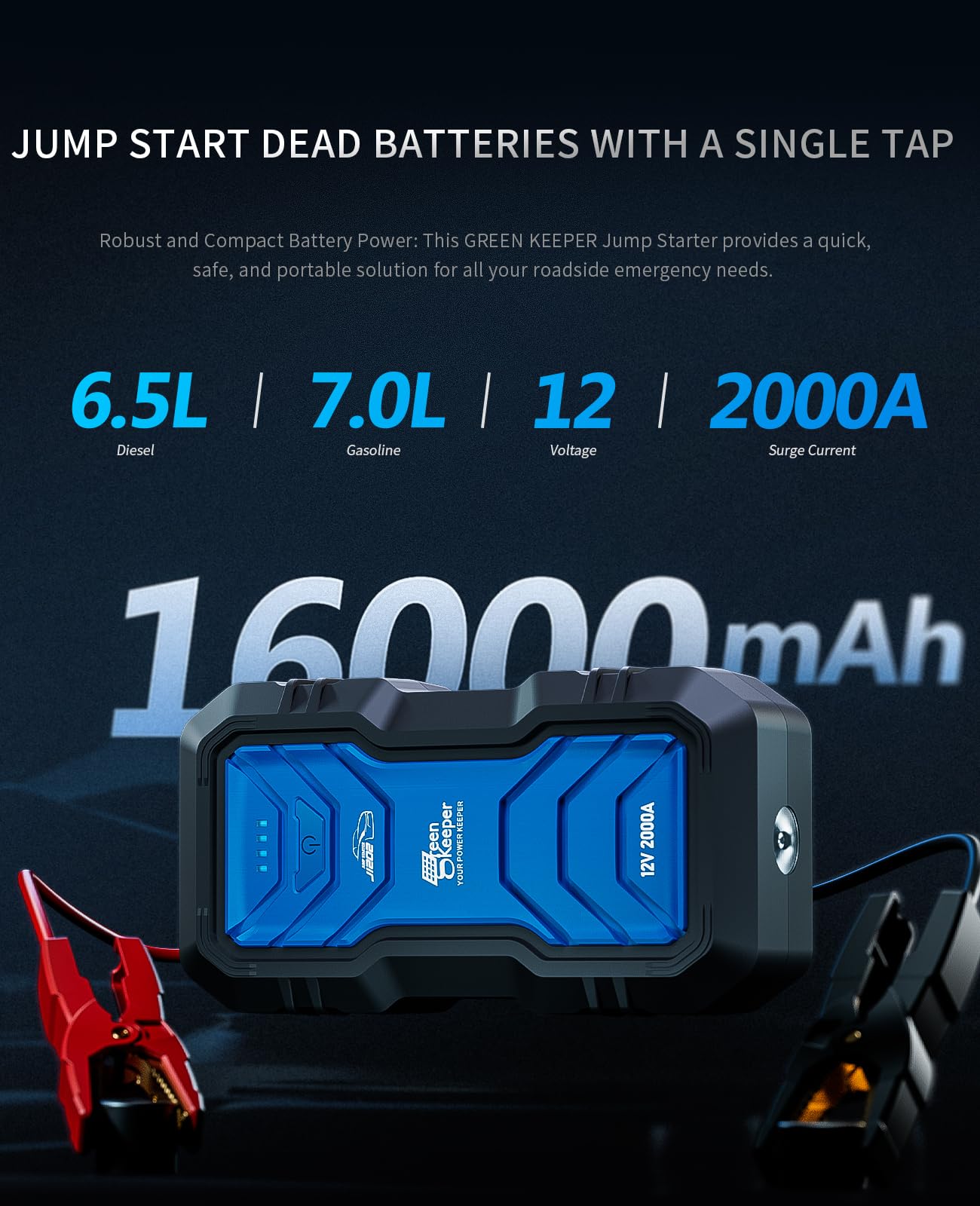 Jump Starter Power Pack Car Battery Starter 2000A 12V for 7.0L Gas & 6.5L Diesel with 12V/6A Output Extension Port, Portable Car Battery Booster 16000mAh Power Bank, High-Efficiency for All Weather