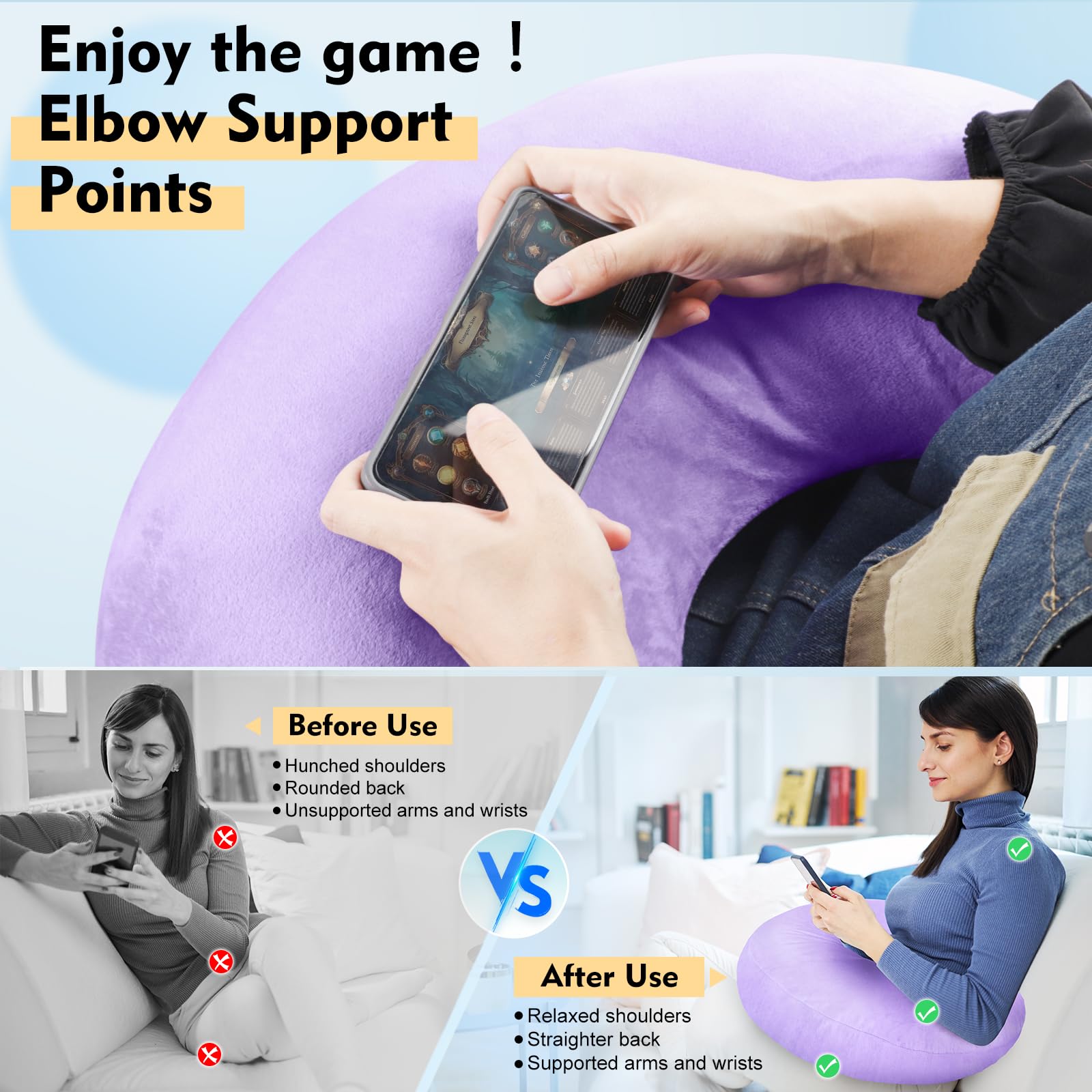 Reading Gaming Pillow for Bed Adult Kids: Lap Desk Pillow for Sitting in Bed/Sofa/Floor - Compact Arm Support Pillow for