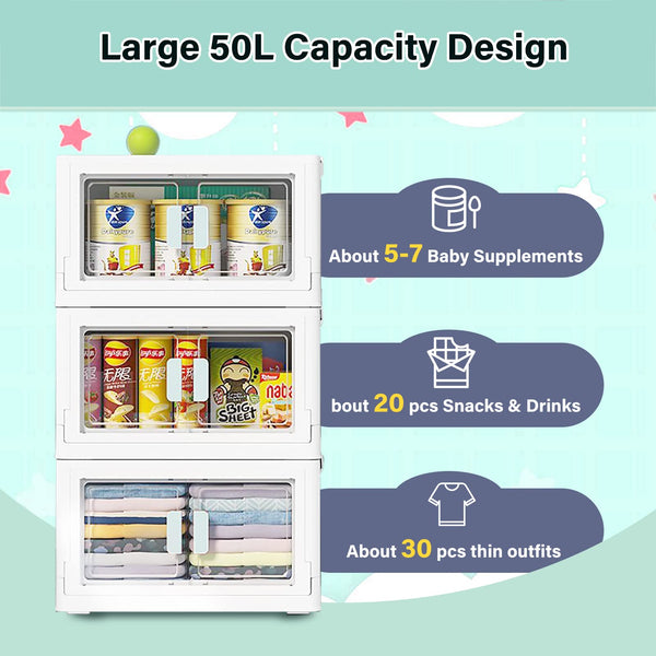 BTGGG 3 Pack Stackable Storage Boxes Large 50L*3 Foldable Collapsible Clear Storage Boxes Organizer 50 * 36 * 90cm, Front Door Opening for Easy