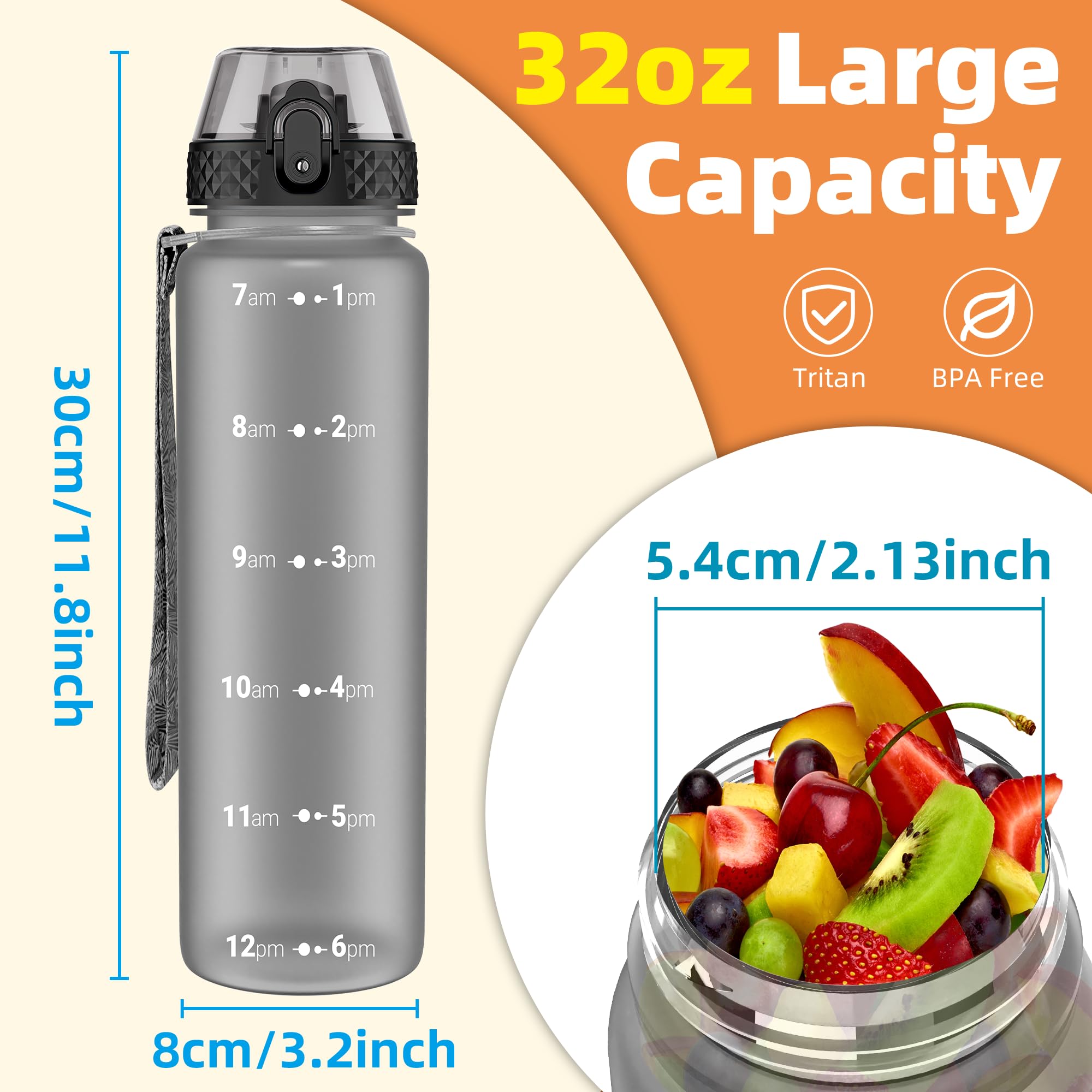 OLDLEY 1L/32oz Sports Water Bottle, 1000ml Motivational Drinks Bottle with Time Markings Leak Proof Drink & Lock Cover & No Straw, BPA Free for Adults Women Men Gym School Cycling Running Hiking