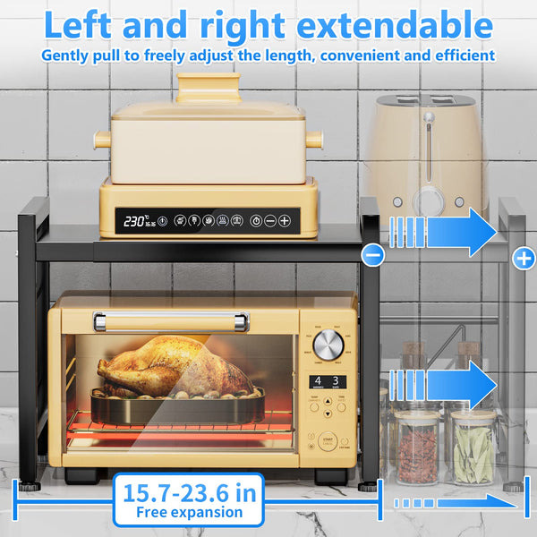 EKNITEY Extendable Microwave Oven Rack - Over Microwave Shelf Countertop 2 Tier Kitchen Microwave Stand (L15.7~23.6" xW12.8 xH17.7) with Spice Rack