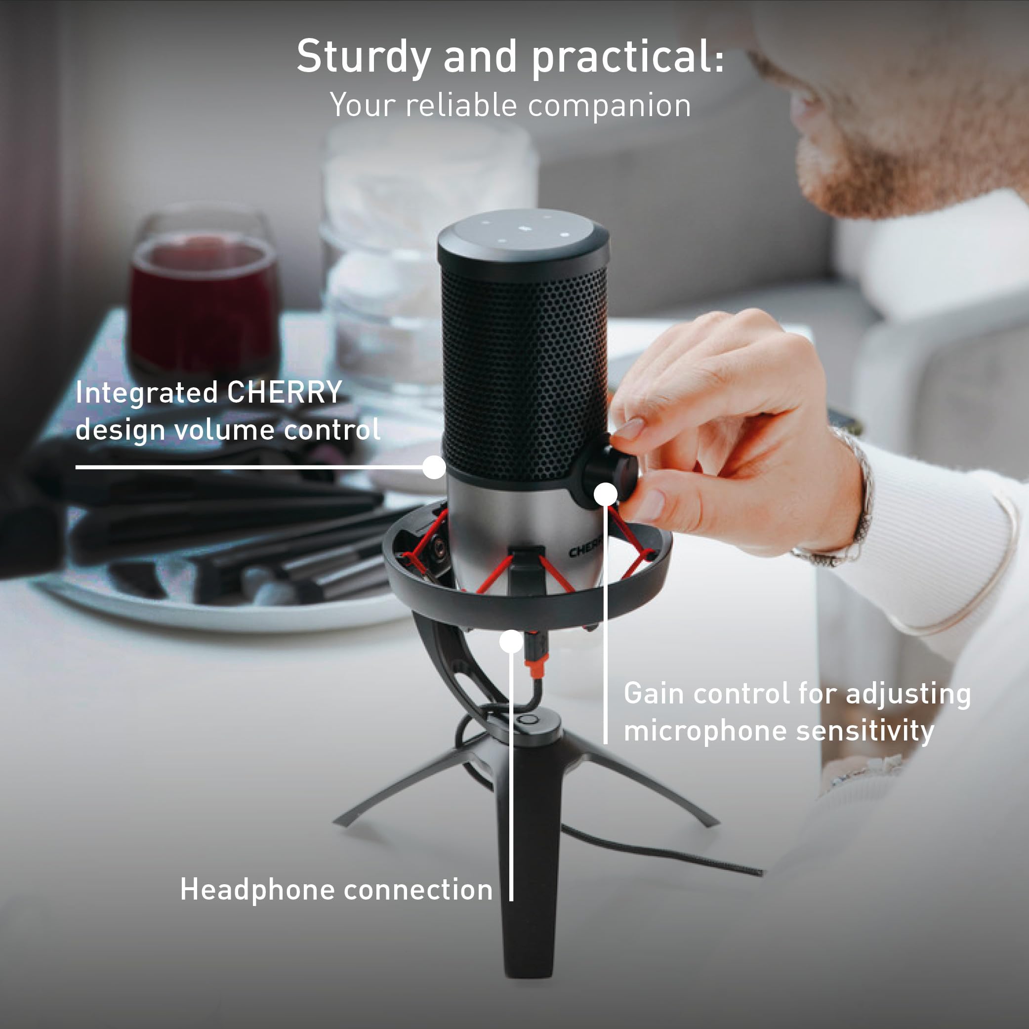 CHERRY UM 3.0, USB Microphone for Podcasts, Streaming, Home Office, Cardioid Characteristic, Headphone Connection, Compatible with PC/Mac/PS4/PS5, Black