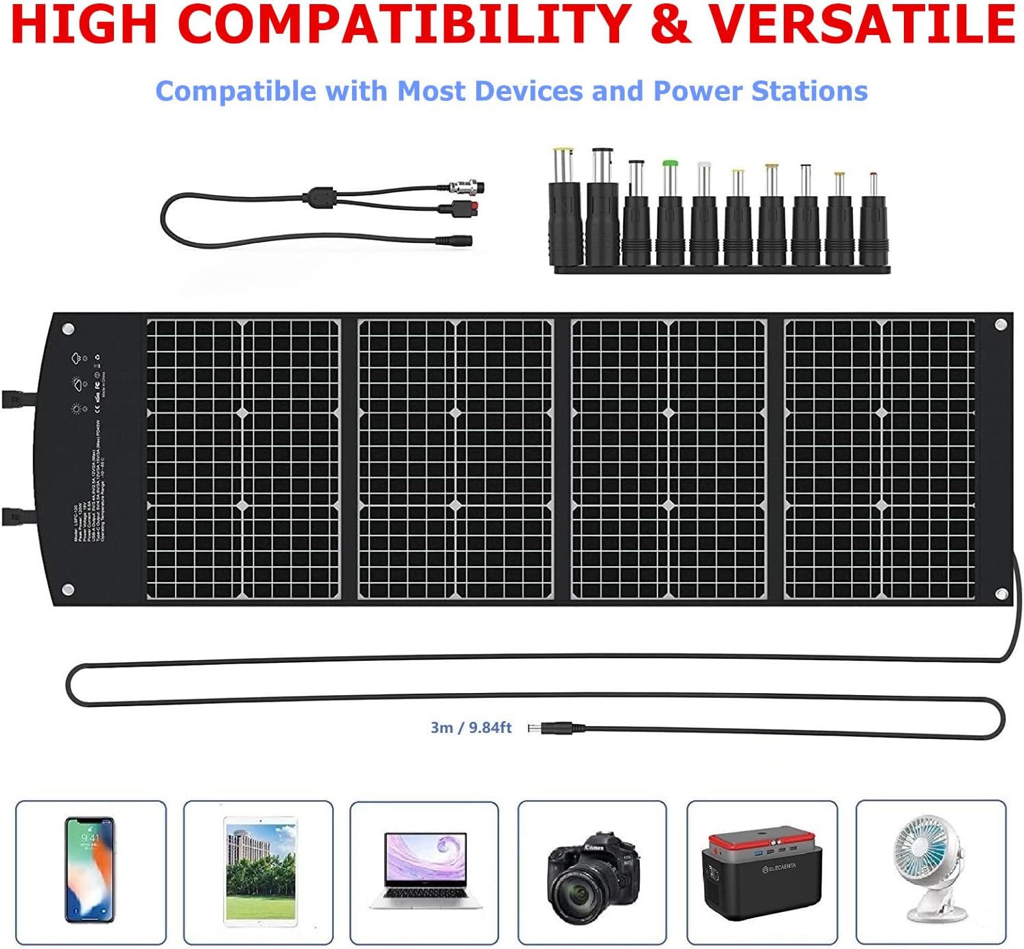 ELECAENTA 60W Foldable Solar Panel ETFE Solar Charger USB-C PD45W QC3.0 DC 18V for Portable Solar Generator Power Station Smartphones Outdoor Power Backup Waterproof Dustproof, 1.6KG