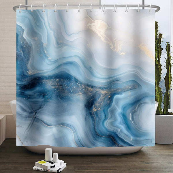 Kzzfqxb 183x213cm Shower Curtains with Plastic Hooks, Waterproof Occluded Blue Golden Marble Texture Milky Waterflow Wave Modern Art Pattern for Bath,