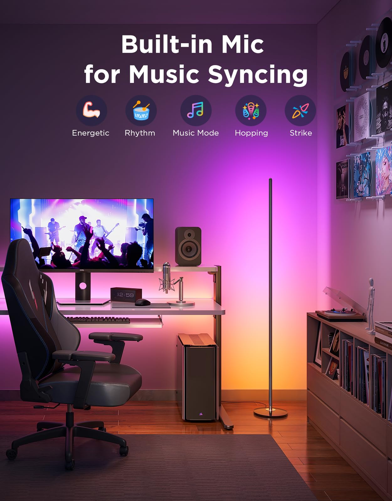 Govee LED Floor Lamp, RGBIC Modern Corner Lamp, Smart Standing Lamp with 61 Scene Modes,Music Sync, Black Corner Floor Lamp for Living Room, Bedroom