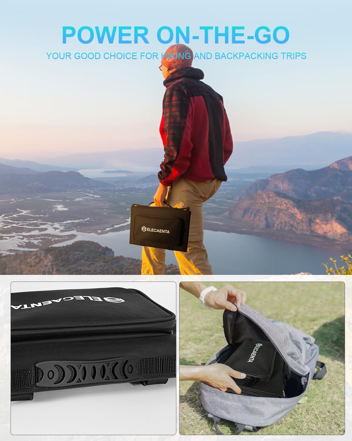 ELECAENTA 60W Foldable Solar Panel ETFE Solar Charger USB-C PD45W QC3.0 DC 18V for Portable Solar Generator Power Station Smartphones Outdoor Power Backup Waterproof Dustproof, 1.6KG