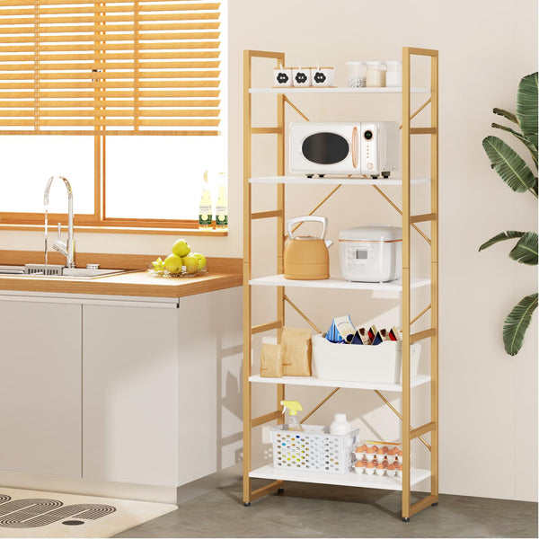 TREETALK 5 Tier Bookshelf, Standing Bookcase with 2 X-shape Frame,Adjustable Leg pads, Industrial Storage Rack for Office, Living Room (Gold)