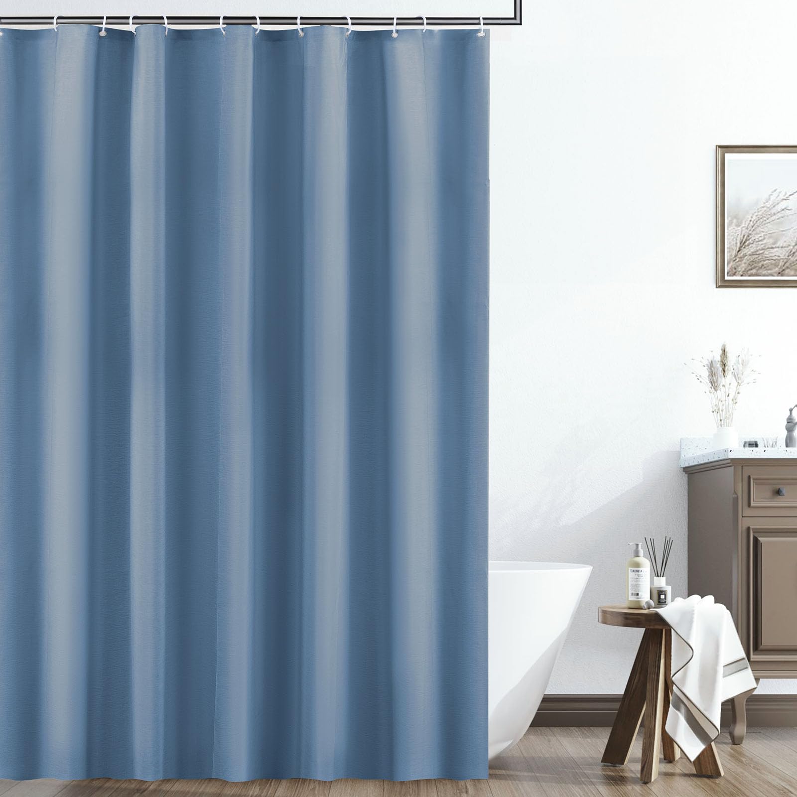 EZESO Blue Thick Linen Shower Curtain,230GSM Weighted Textured Fabric Polyester Cloth Shower Curtain for Bathroom,Waterproof Washable Decorative