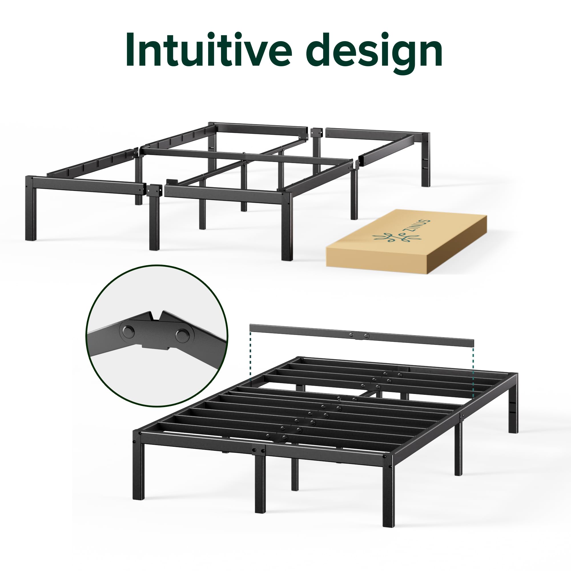 Zinus Elias Double Bed frame - Bed 135 x 190 cm - 36cm Height - Metal Bed frame with underbed storage and steel slat support - Black