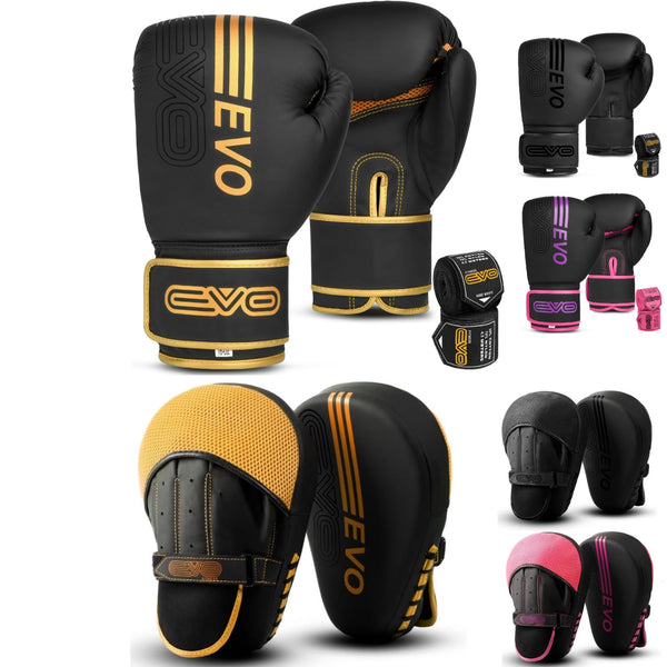EVO Fitness Matte Black Boxing Gloves and Pads Set Punching Focus Mitts Hook and Jab Hand Target Strike Shield Training Sparring MMA Martial Arts Muay