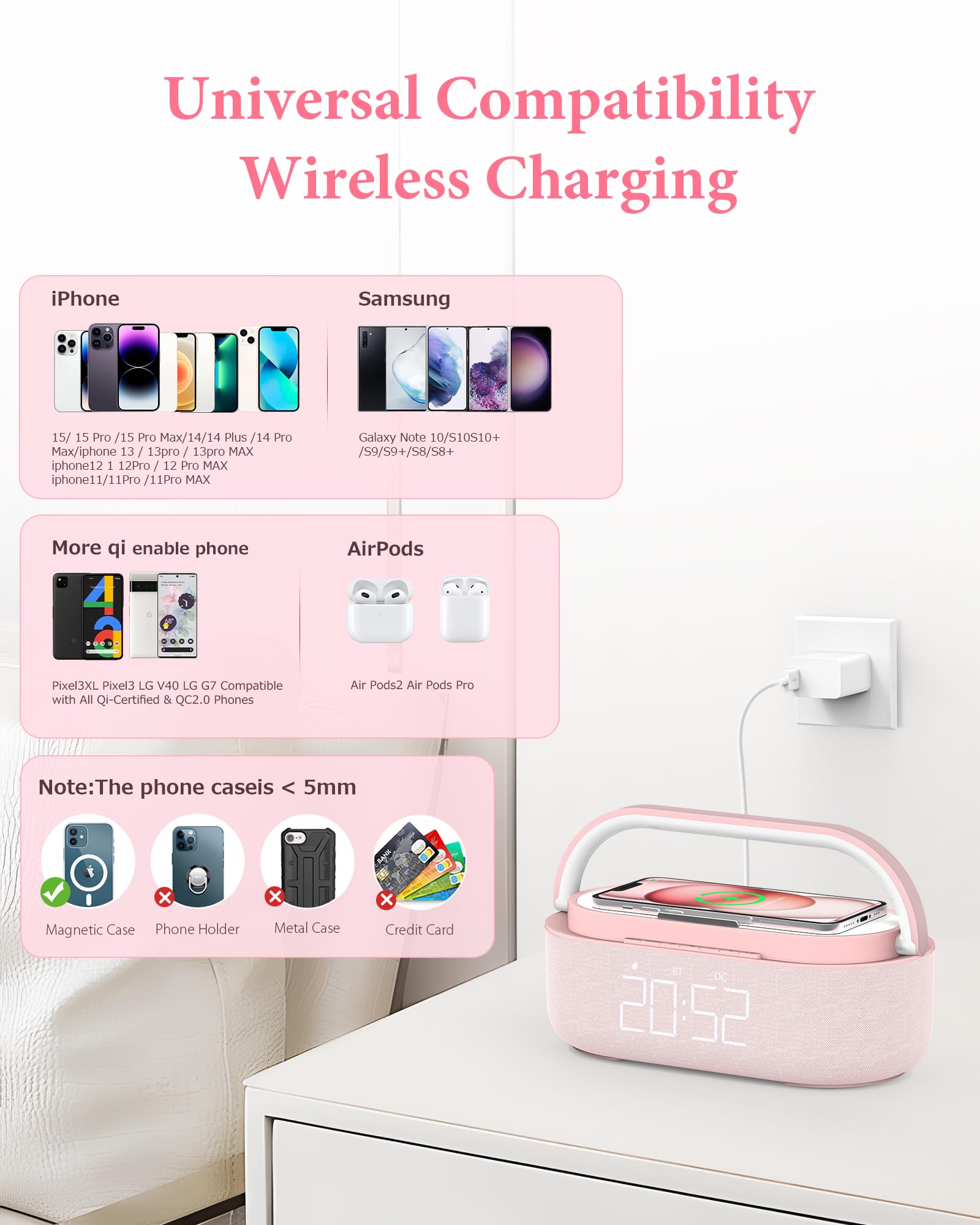 COLSUR Radio Alarm Clock Bluetooth Speaker, 15W Wireless Charger Alarm Clocks Bedside, Night Light, Loud Volume for Heavy Sleepers, Snooze, Dimmable LED Display, 2500mAh Battery