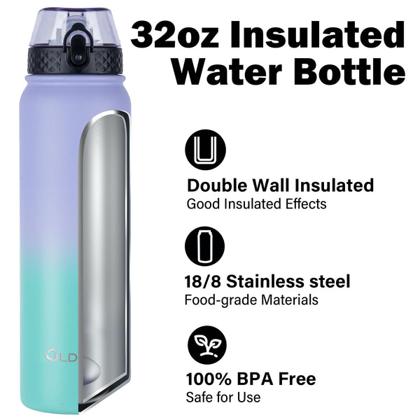 OLDLEY Stainless Steel Water Bottle with Straw 1L Vaccum Insulated Large Drink Flask Metal Water Bottles 1 Litre Leakproof Keep Drinks Hot Cold for Sports Gym with Different Lids(Purple Green, 3 Lids)