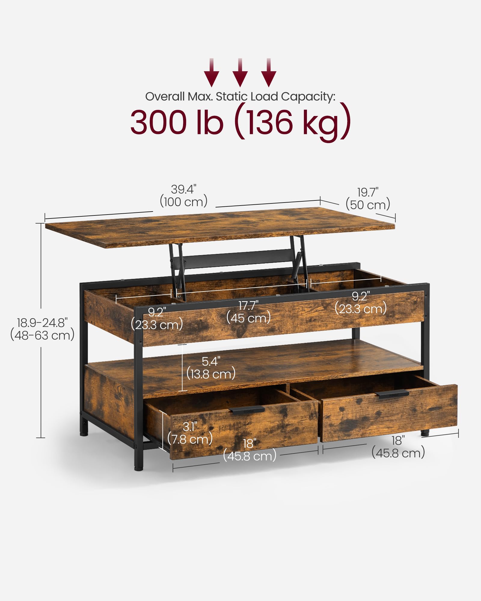 VASAGLE Lift Top Coffee Table, Living Room Table, with Storage Drawers, Hidden Compartments, and Open Shelf, Rustic Brown and Ink Black LCT209K01