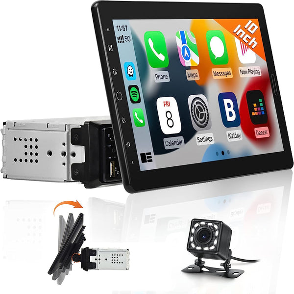 10.1 Inch 10.1" 1080P Detachable Touch Screen Car Stereo Headunit Single Din with Built-in Apple Carplay Car Radio Bluetooth with Reverse Camera Support FM SWC USB TF AUX Mirror Link Android Auto 1Din