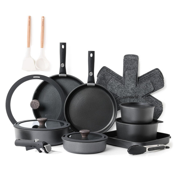 SENSARTE 17 Piece Pots and Pans Set, Nonstick Detachable Handle Cookware, Induction Kitchen Cookware Set with Removable Handle, Healthy Non Stick RV Cookware, Oven Safe (Black)