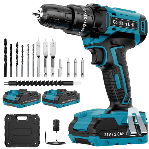 MHPRO Cordless Drill, Power Drill Brushless 21V, Cordless HammerDrill with 2 Batteries 2000mAh, 20+3 Torque, 45N.m Max DrillSet, LED Light, 2 Speed, 14PCS Accessories for Home and Garden DIY Project