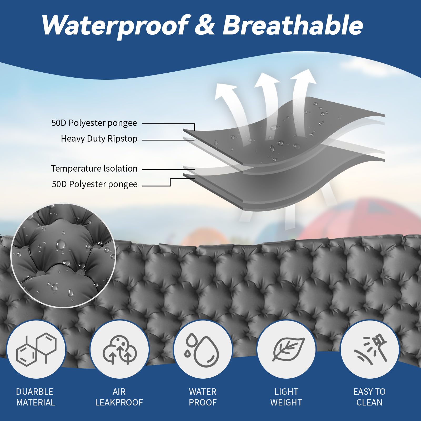 HiiPeak Camping Sleeping Pad, Ultralight Camping Mat with Pillow Built-in Foot Pump Inflatable Sleeping Pads Compact for Backpacking Hiking Traveling Tent (Gray)