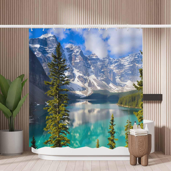 Woutay Shower Curtain Mould Proof Resistant Snow Mountain Lake,Water Repellant Fabric,Polyester,with 12 Plastic Hooks