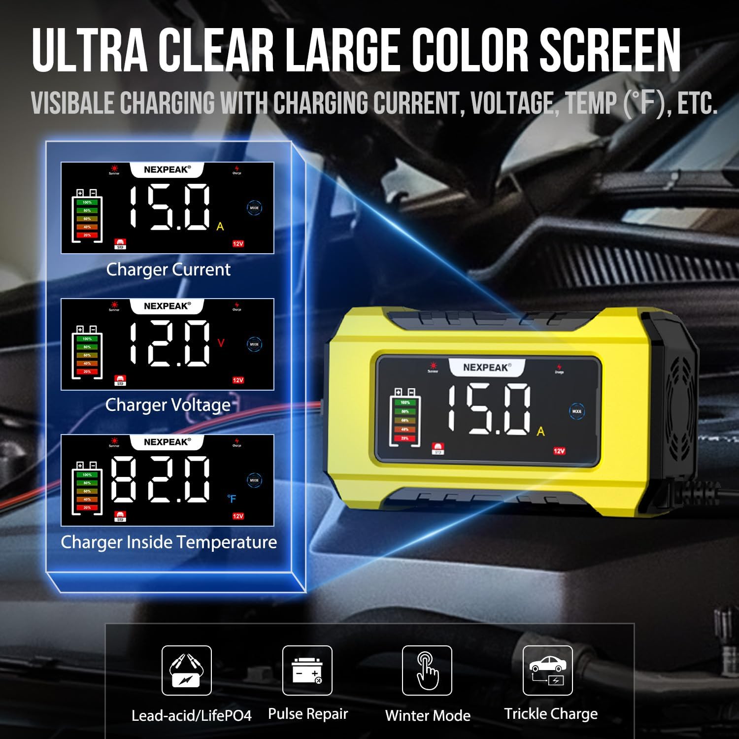 15A Car Battery Charger, NEXPEAK 12V 15A/24V 8A Automatic Smart Battery Charger with Temperature Compensation for Car, AGM, Gel, Wet, SLA for Lead Acid Batteries and LiFePO4 Batteries