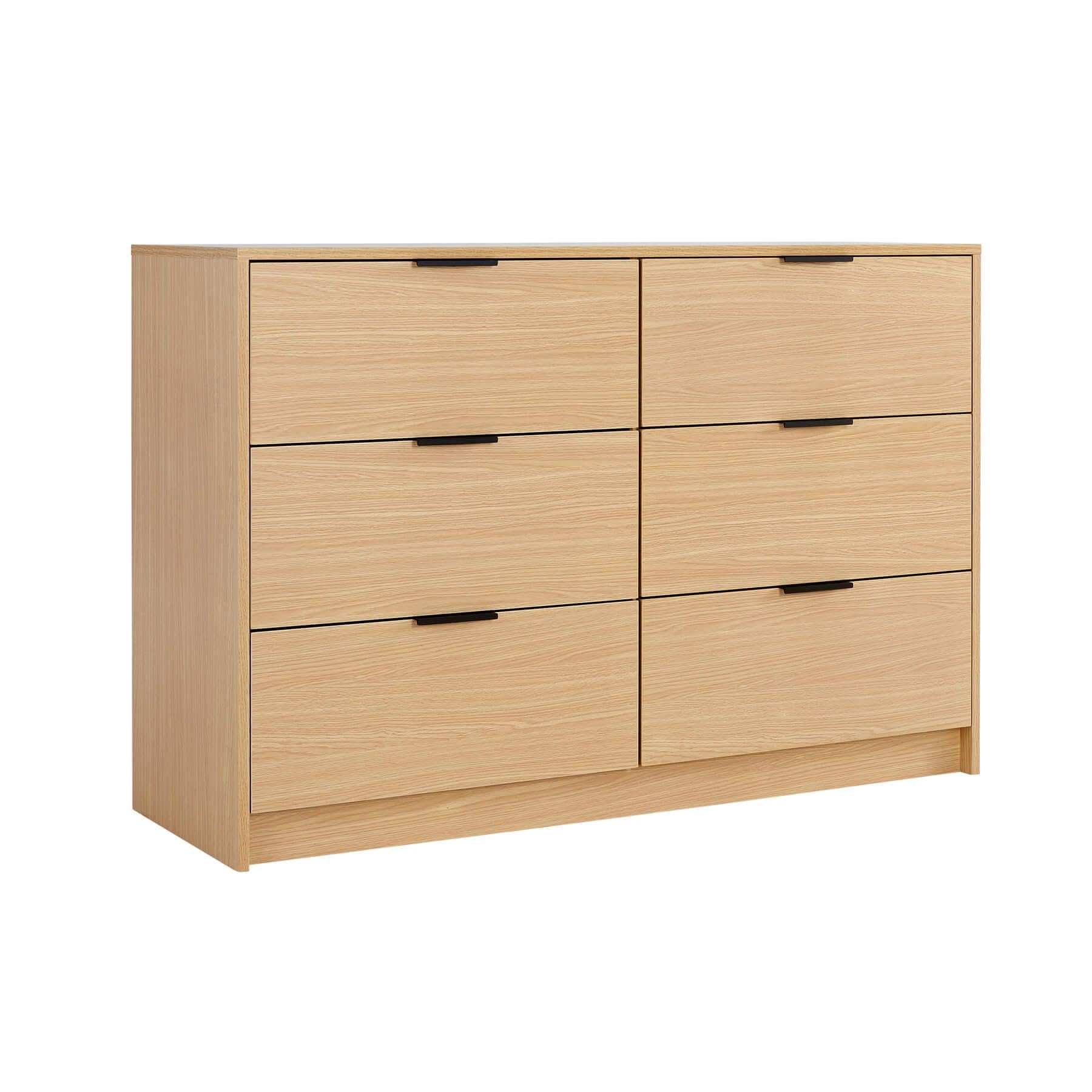 Home Source Bedroom Chest of Drawers Clothing Storage Cabinet, 6 Drawers, Oak Effect