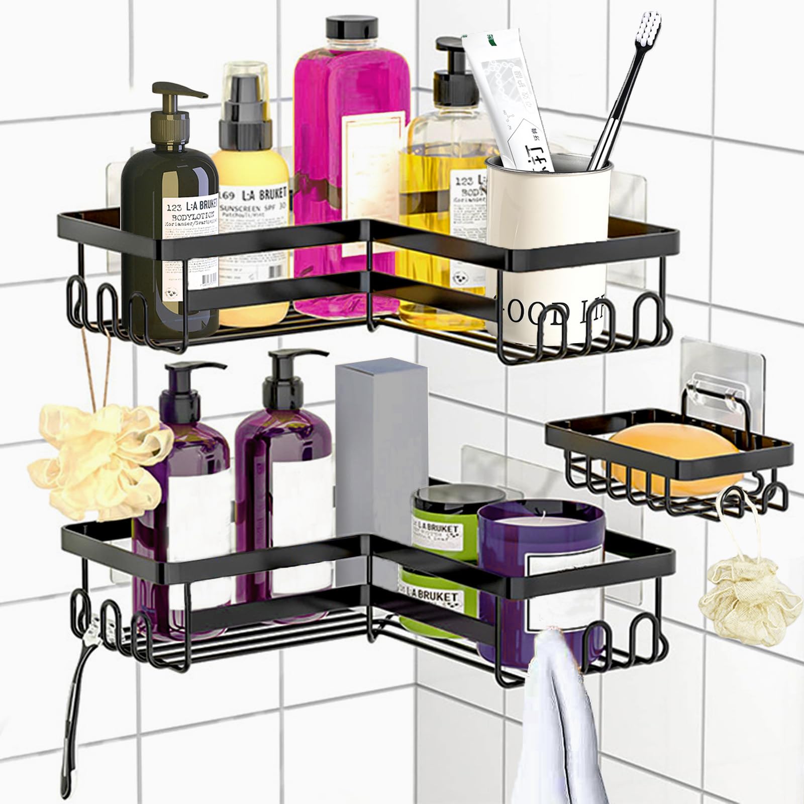 3 Pack Corner Shower Caddy with Soap Holder & Hooks, Self Adhesive Wall Mounted Shelf No Drilling, Rustproof Suction Accessories for Home Decor &