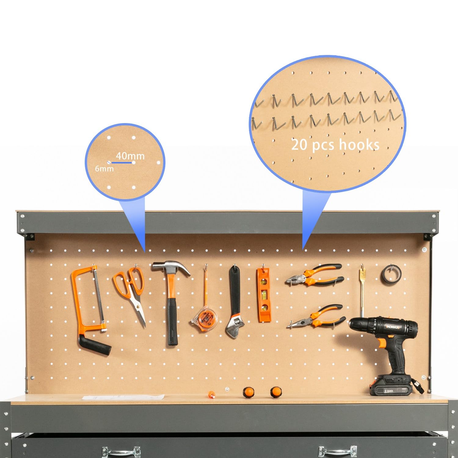 SwitZer New Red Steel Garage Tool Box Toolbox Work Bench Workbench Storage With Drawers Pegboard and 20 Pegs Shelf DIY Workshop Station