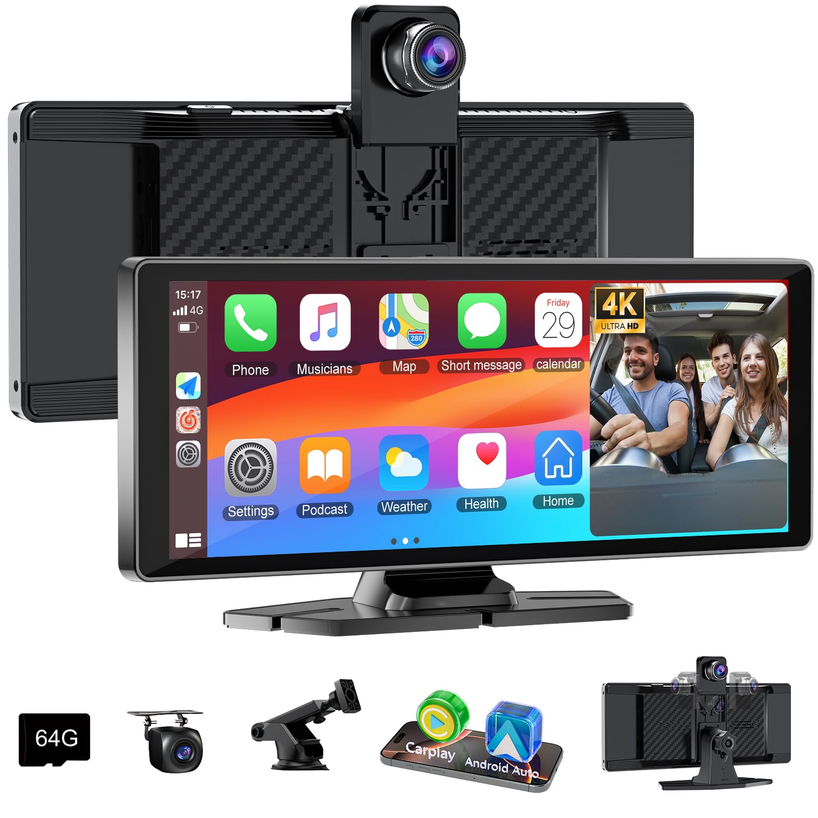 10.26" Wireless Car Stereo for Apple Carplay & Android Auto with 1080P Backup Camera, Touchscreen Car Play Screen with GPS Navigation & Voice Control, Mirror Link,Dual Bluetooth,FM Transmission,AUX