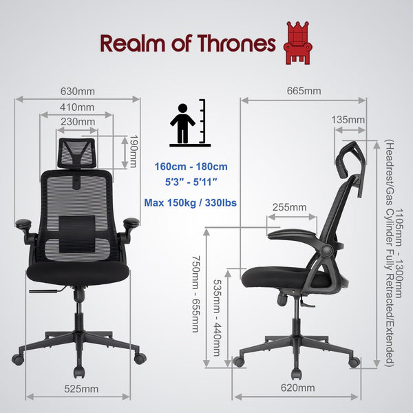 Realm of Thrones CAPTAIN Ergonomic Office Chair for Home, Heavy Duty Steel Base, Versatile Flip-up Armrests, Adjustable Lumbar Support, Mesh Back Comfort Cushion Seat for Computer Desk/Gaming (Black)
