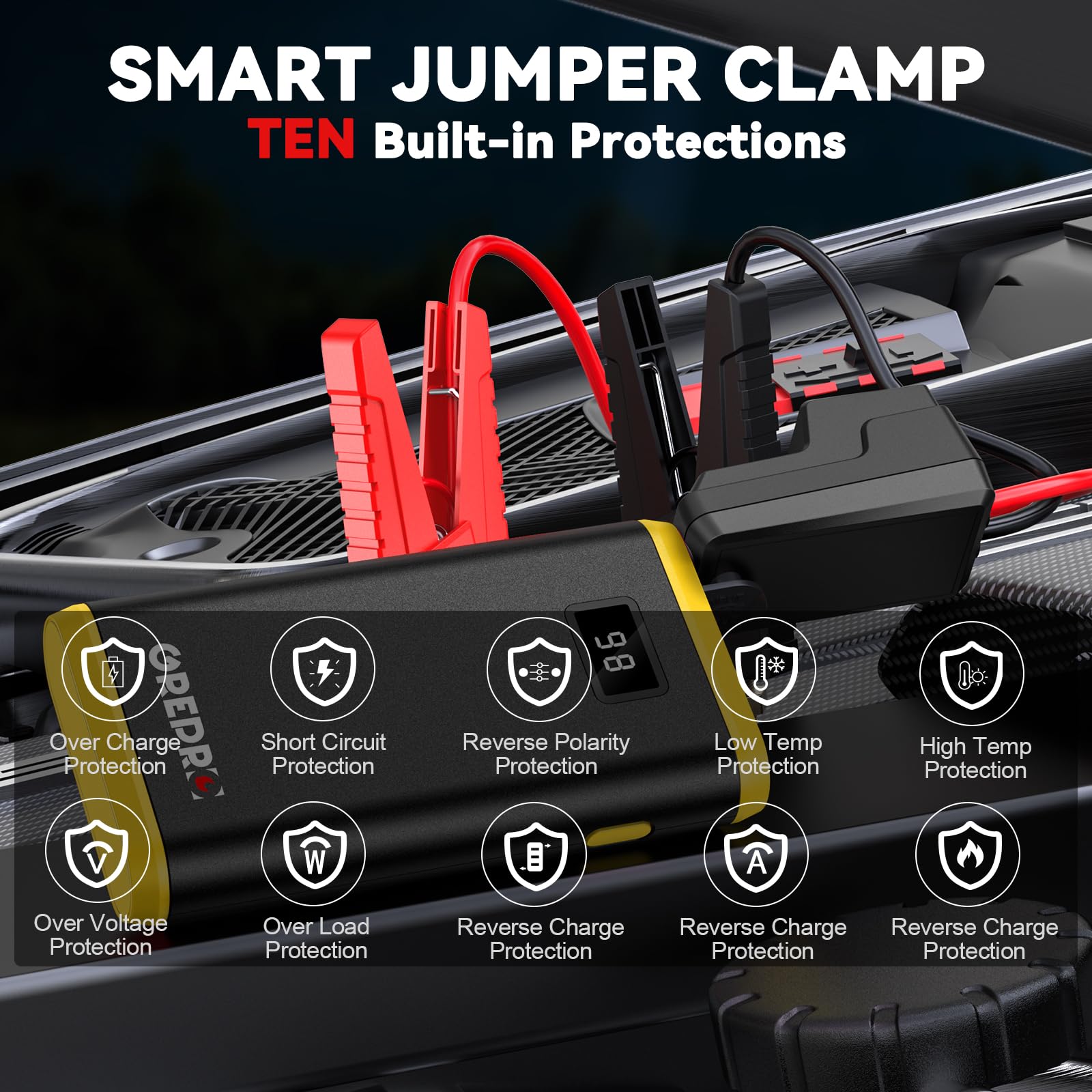 GREPRO Jump Starter Power Pack (up to 6.5L Gas, 4.0L Diesel), 2000A Car Battery Booster Jump Starter and Jump Pack for 12V Vehicles, Motorcycle, Battery Booster with LCD Screen and LED Flashlight