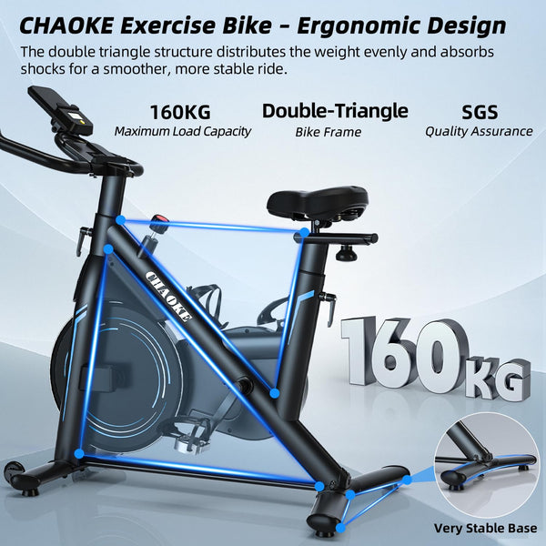 Exercise Bike, CHAOKE Stationary Bike for Home Fitness, Ultra-Quiet Magnetic Resistance Indoor Cycling Bike, Large Tablet Holder, Comfortable Seat, LCD Display, Strength Training