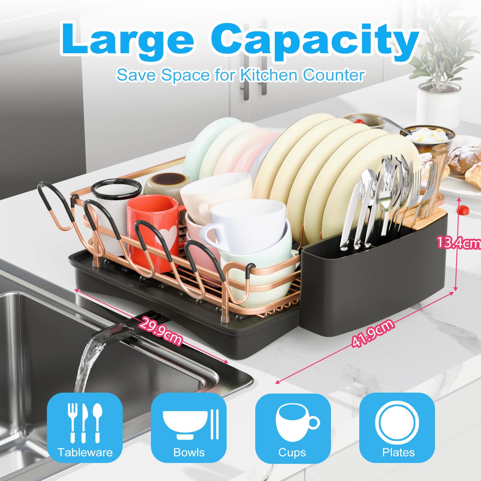BRIAN & DANY Aluminum Dish Drying Rack, Dish Drainer with Removable Cutlery Holder & Cup Holder, Unique 360 Swivel Spout Drain Board