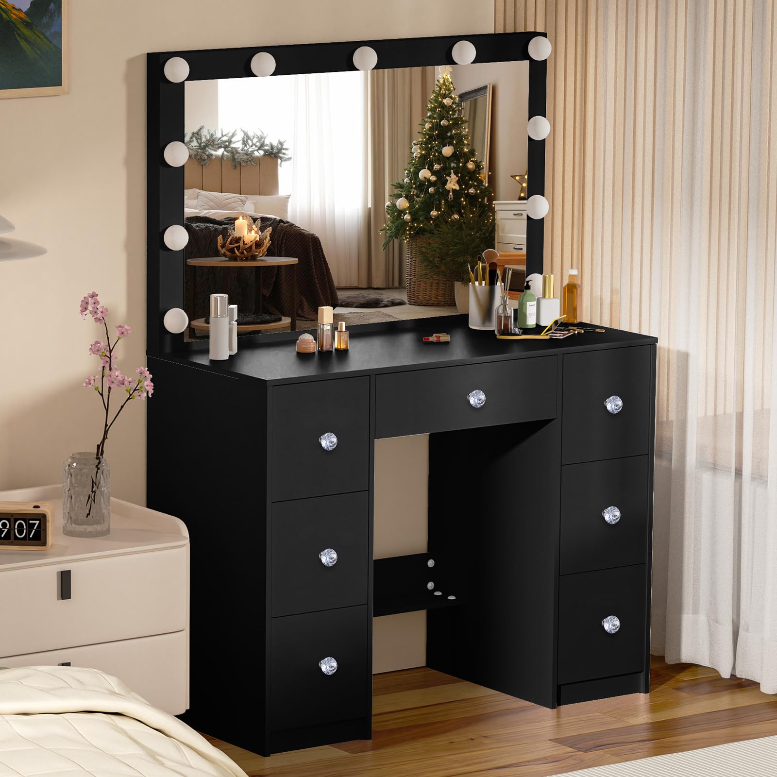 Guanglai Dressing Table with Large Lighted Mirror, Vanity Desk with 6 Storage Drawers, Makeup Vanity with Crystal Handle for Women and Girls, Black