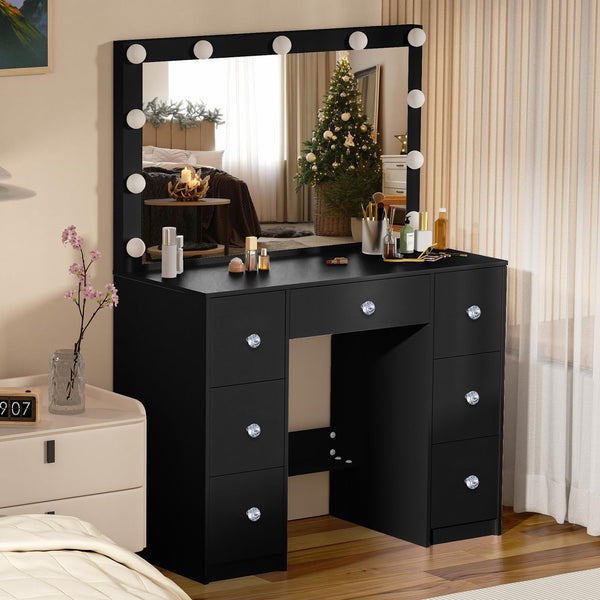 Guanglai Dressing Table with Large Lighted Mirror, Vanity Desk with 6 Storage Drawers, Makeup Vanity with Crystal Handle for Women and Girls, Black