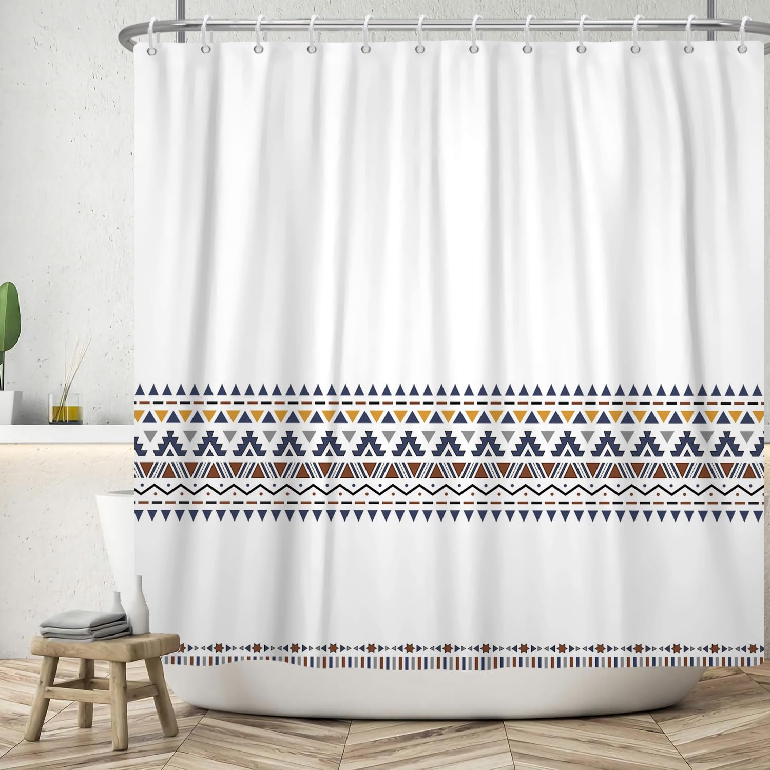 ASDCXZ Boho Shower Curtain 180x200 cm, Modern Boho Navy Blue Yellow Brown Rule Geometry Pattern White Bath Washable Shower Curtains Polyester Textile