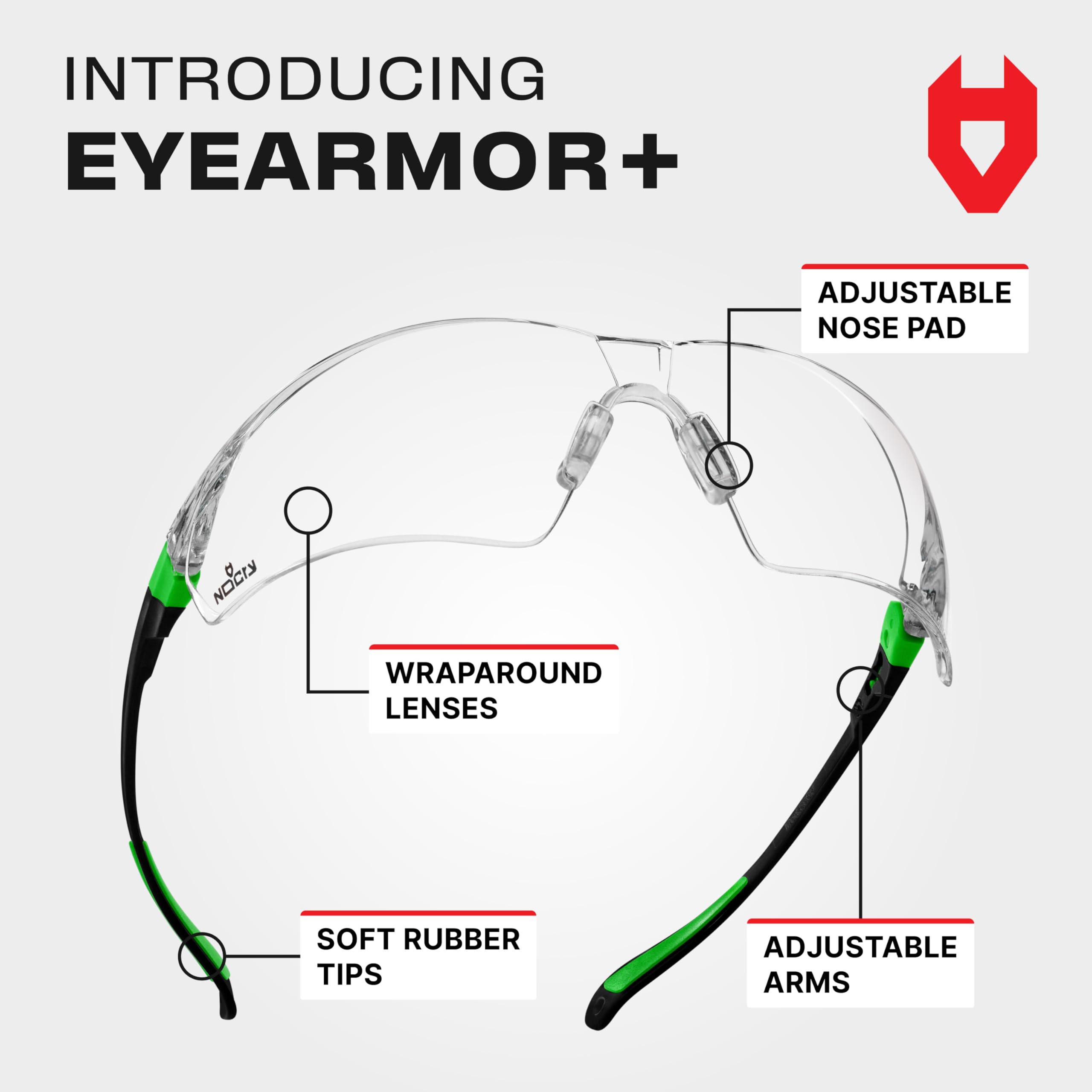 NoCry Clear Safety Glasses for Work with Anti Fog Scratch Resistant Wrap-Around Lenses and Non-Slip Grips, UV Protection. Adjustable Eye Protection Cycling and Squash Glasses with Black & Green Frames