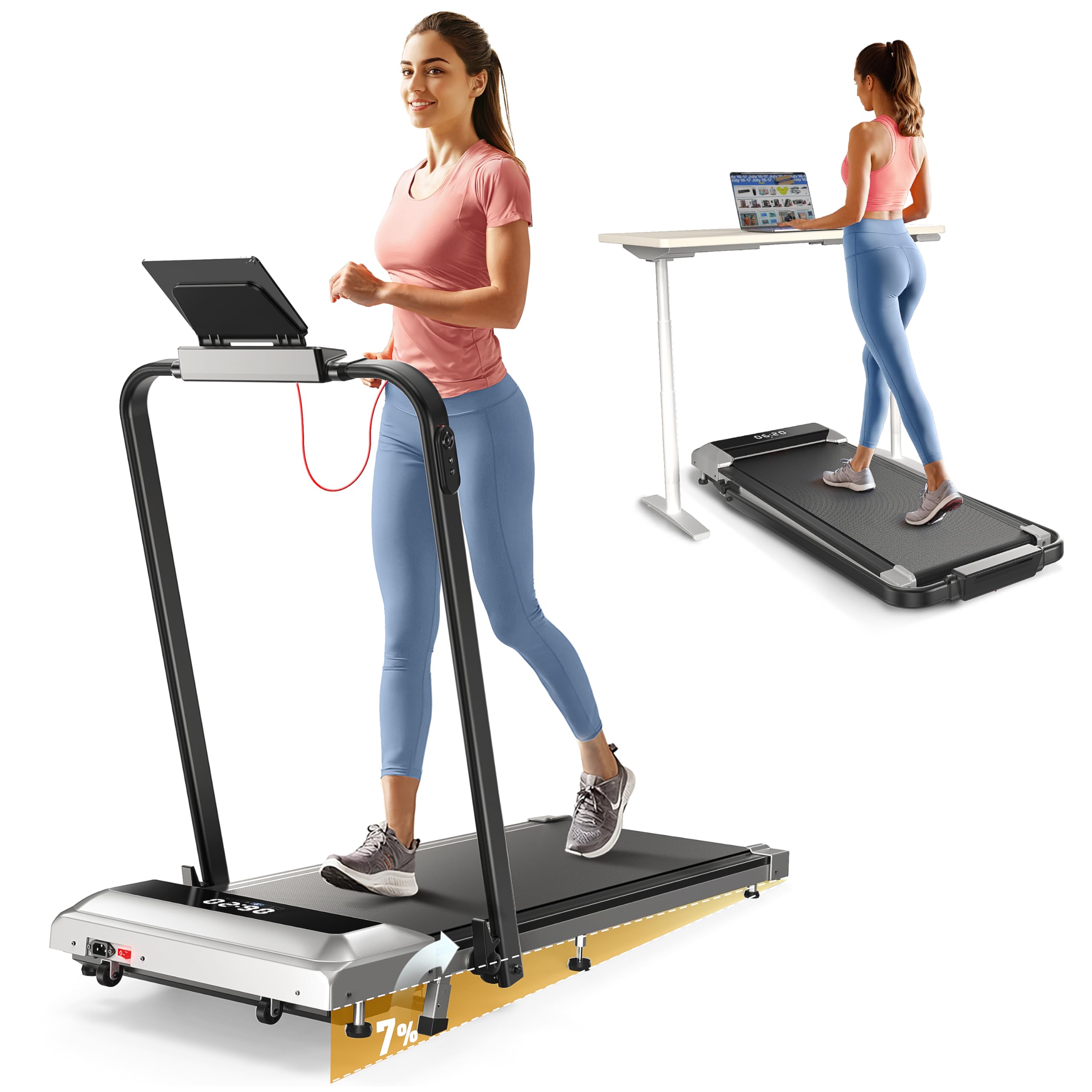 Treadmills for Home with 7% Incline, 2.5HP FoldingTreadmill, 1-12km/h Under Desk Treadmill with Incline, Walking Running Machine for Home & Office, LED Display,Remote Control and App