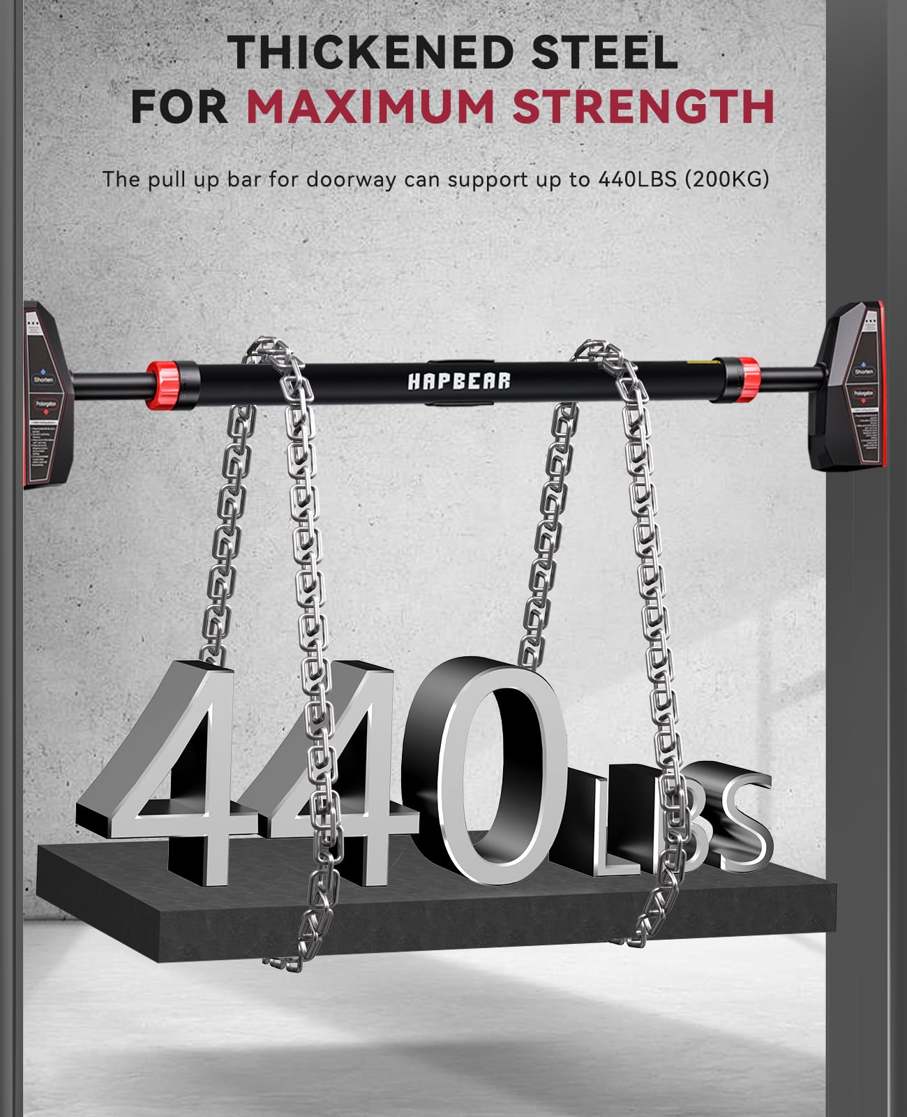 HAPBEAR Pull Up Bar for Doorway, Strength Training Chin up Bar without Screws, Pullup Bar with Non-slip, Doorway Pull Up Bar for Home Gym Upper Body Workout
