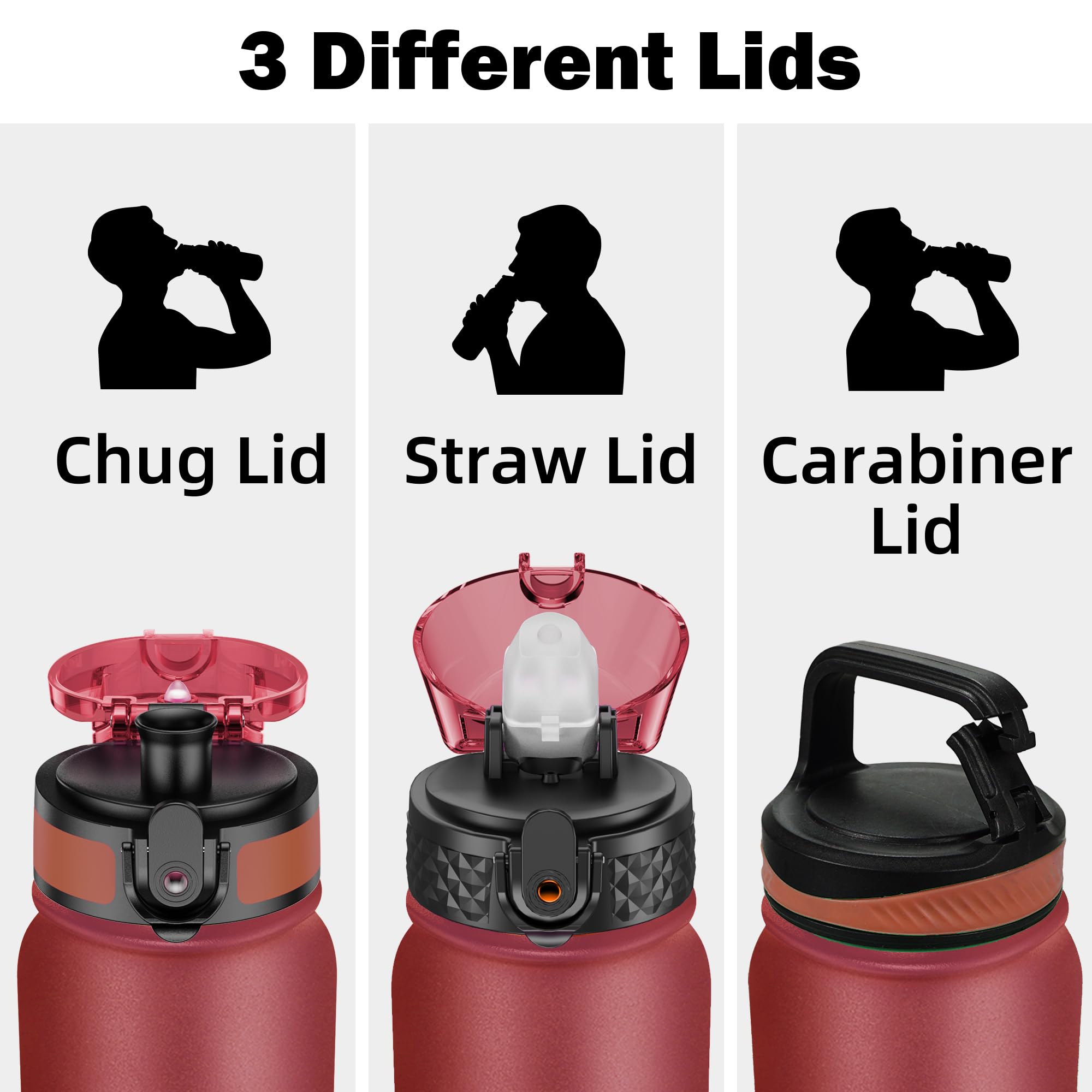 OLDLEY Stainless Steel Water Bottle with Straw 1L Vaccum Insulated Large Drink Flask Metal Water Bottles 1 Litre Leakproof Keep Drinks Hot Cold for Sports Gym with Different Lids(Purple Green, 3 Lids)