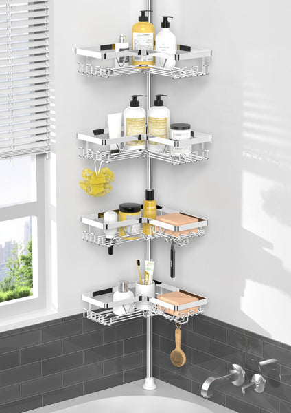 Kegii Chrome Telescopic Shower Caddy Corner - Adjustable Shower Shelf 4 Tier Extendable Bathroom Caddy Stainless Steel(Bathroom Storage, No Drilling)