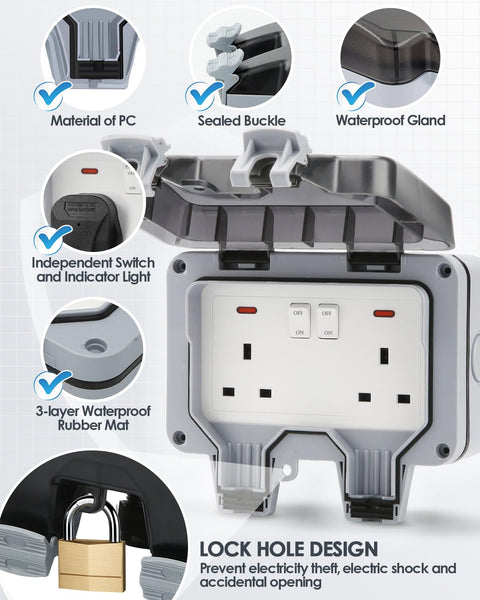 Zenmos Double Outdoor Socket 3M Extension Lead, Outdoor Plug Sockets Waterproof IP66, 13Amp 2 Gang Outside Plug Socket Waterproof, Switch Indicator Light Garden Wall Electrical Outlet Cover Box