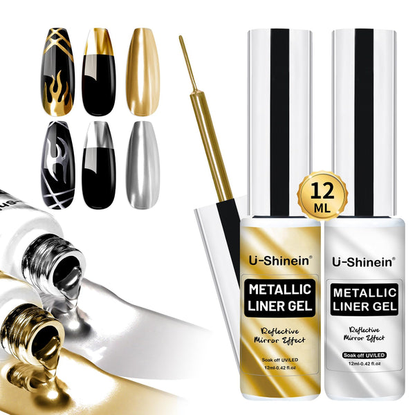U-Shinein 2x12ml Metallic Painting Nail Gel Liner, Gold & Silver Metal Painted Drawing Gel, Strong Mirror Reflection Nail Art Paint, Nail Liner Gel,