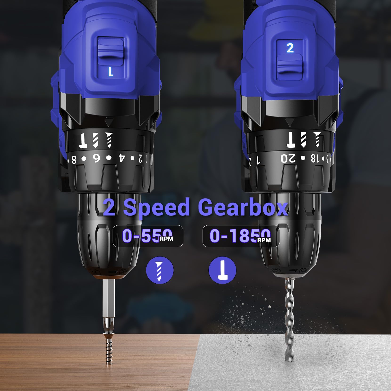 MHPRO Cordless Drill, Power Drill Brushless 21V, Cordless HammerDrill with 2 Batteries 2000mAh, 20+3 Torque, 45N.m Max DrillSet, LED Light, 2 Speed, 14PCS Accessories for Home and Garden DIY Project