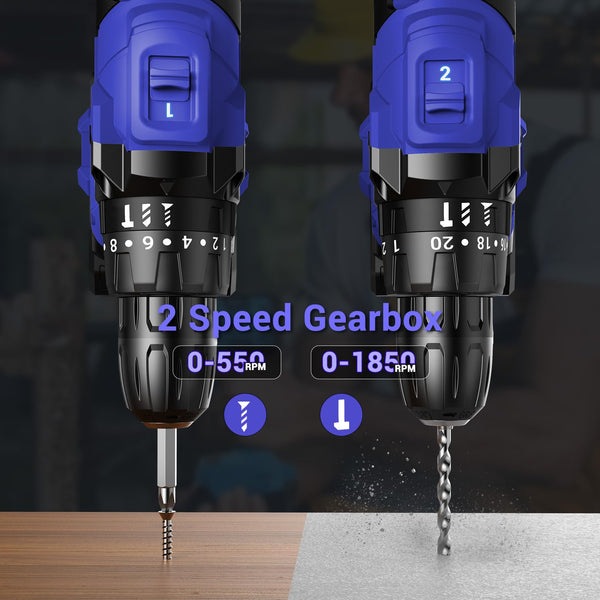 MHPRO Cordless Drill, Power Drill Brushless 21V, Cordless HammerDrill with 2 Batteries 2000mAh, 20+3 Torque, 45N.m Max DrillSet, LED Light, 2 Speed, 14PCS Accessories for Home and Garden DIY Project