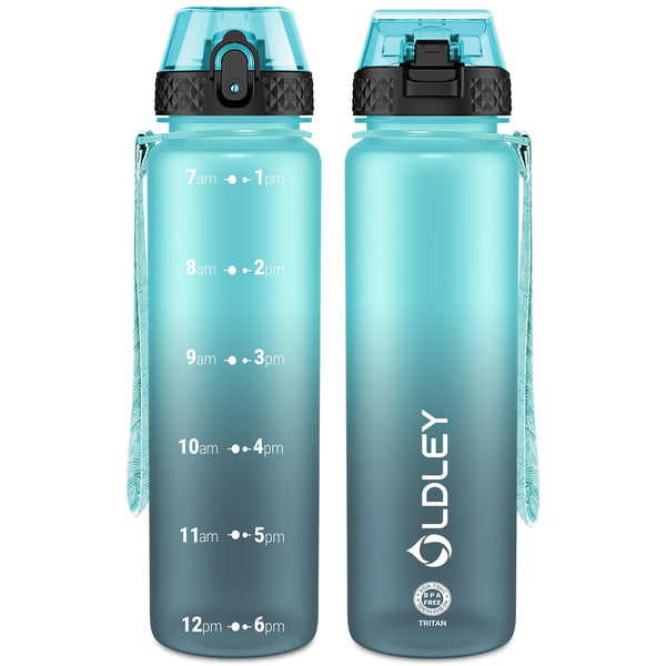 OLDLEY 1L/32oz Sports Water Bottle, 1000ml Motivational Drinks Bottle with Time Markings Leak Proof Drink & Lock Cover & No Straw, BPA Free for Adults Women Men Gym School Cycling Running Hiking