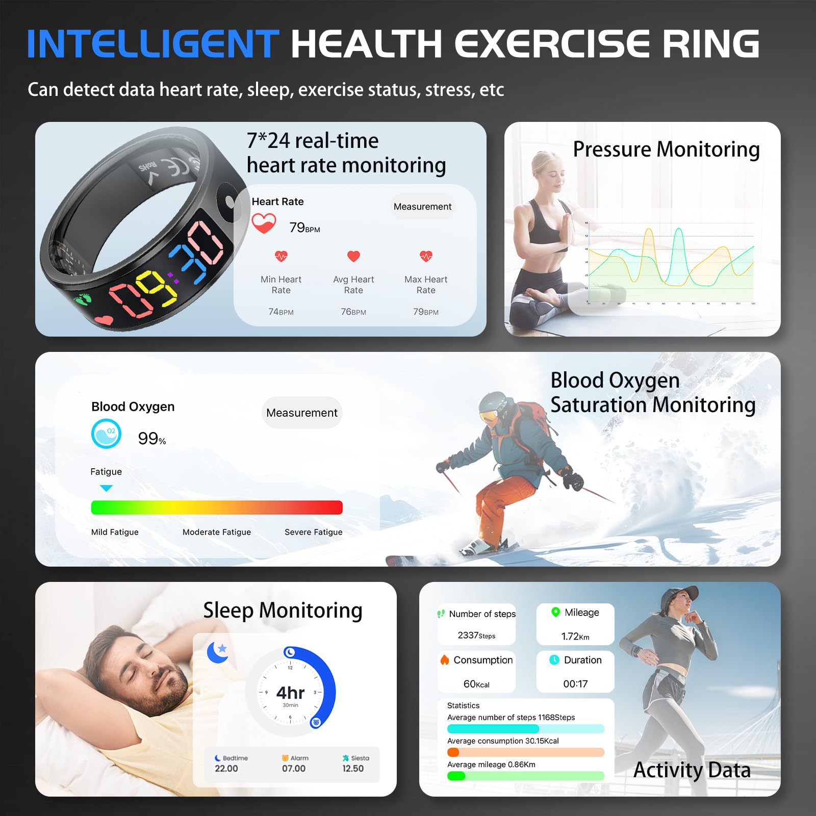 Smart Ring for Men Women, Sleep & Heart Rate Monitor Health Ring, Fitness Ring Heart Rate Blood Oxygen Sleep Monitor Step Counter Activity Tracker for Android iOS with Charging Case (#12-Y)