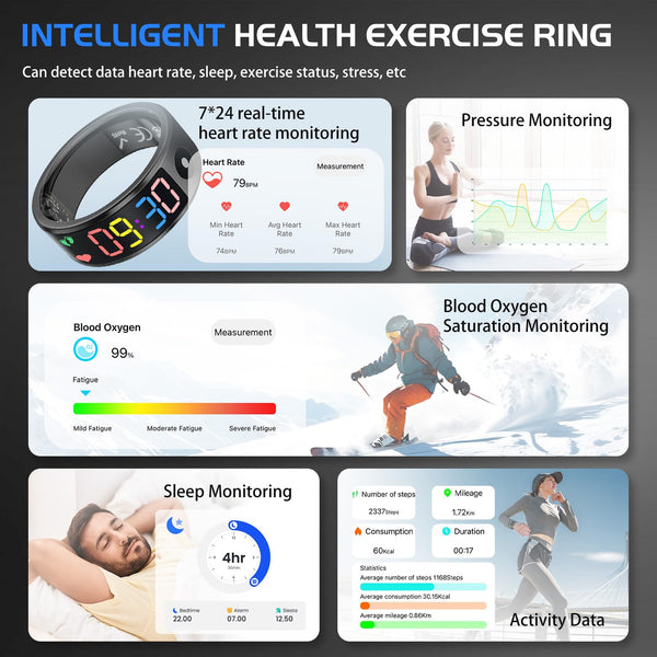 Smart Ring for Men Women, Sleep & Heart Rate Monitor Health Ring, Fitness Ring Heart Rate Blood Oxygen Sleep Monitor Step Counter Activity Tracker for Android iOS with Charging Case (#12-Y)