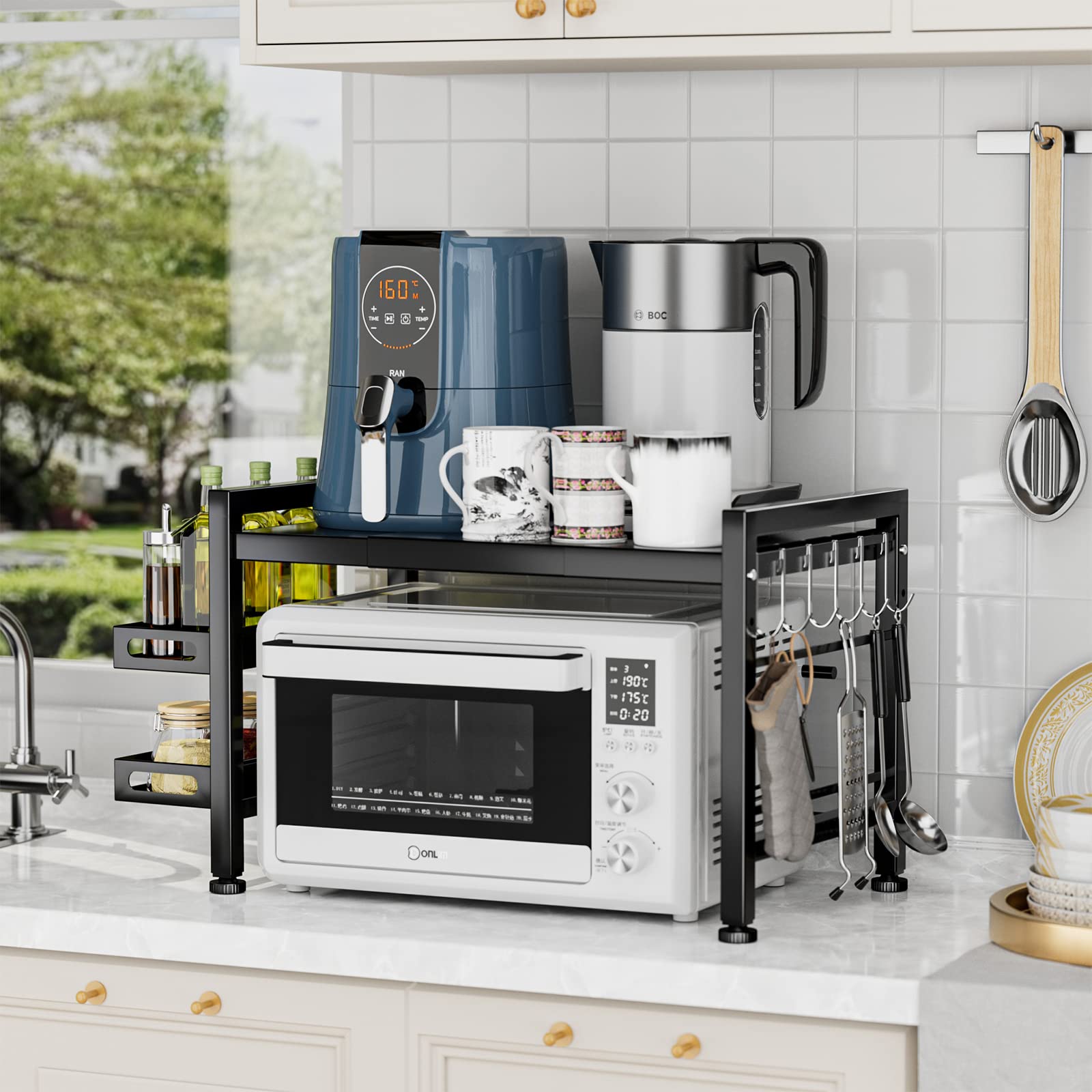 EKNITEY Extendable Microwave Oven Rack - Over Microwave Shelf Countertop 2 Tier Kitchen Microwave Stand (L15.7~23.6" xW12.8 xH17.7) with Spice Rack